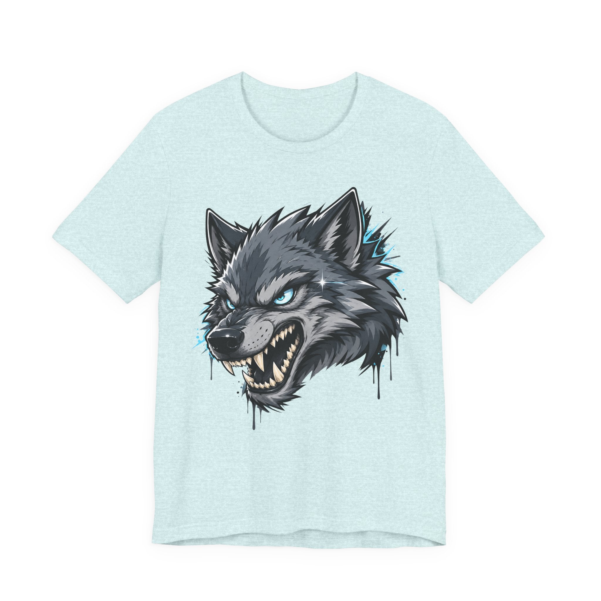 Light blue T-shirt with snarling wolf head graphic, blue-green highlights and drips.