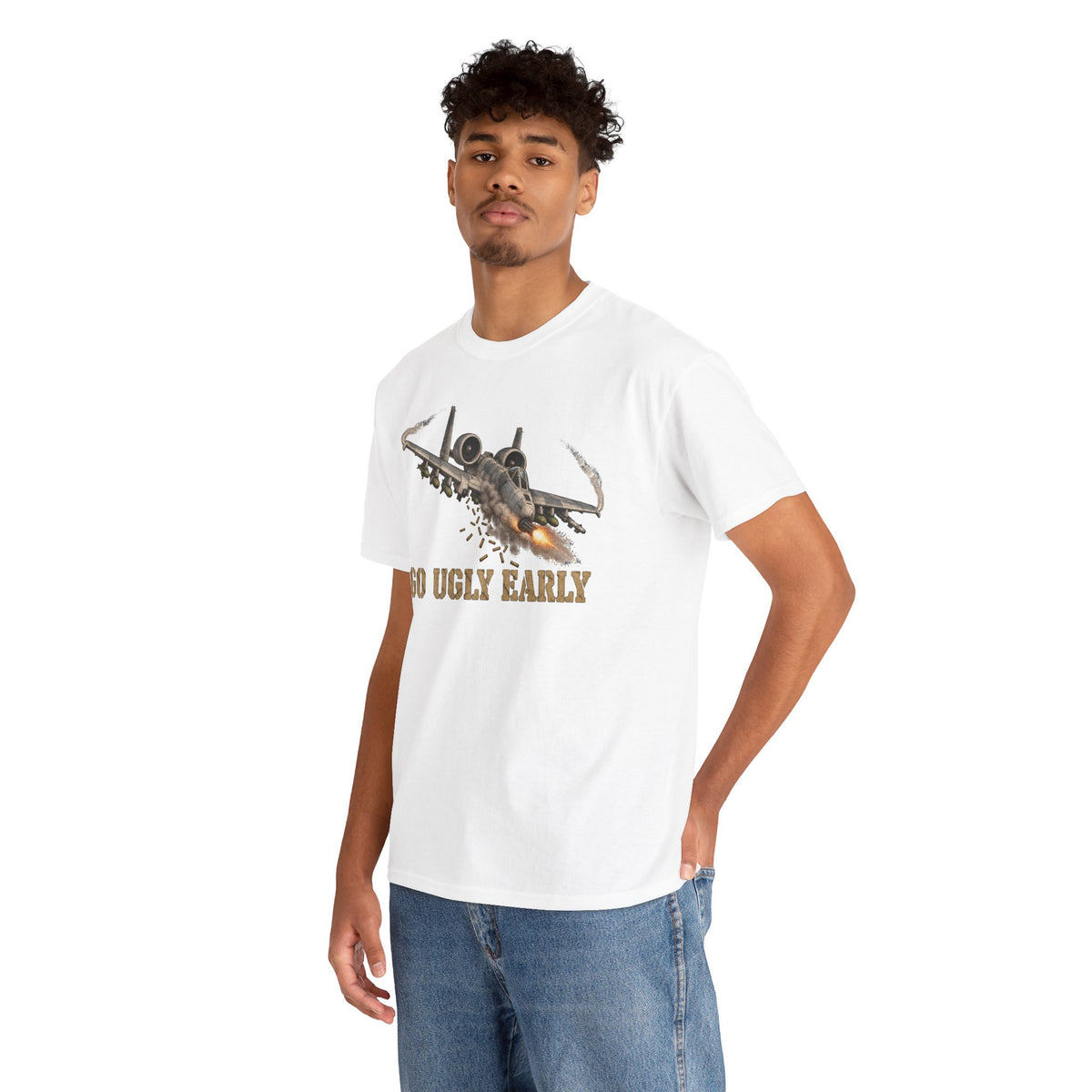 White crew-neck T-shirt worn by model with jet graphic and “GO UGLY EARLY” text