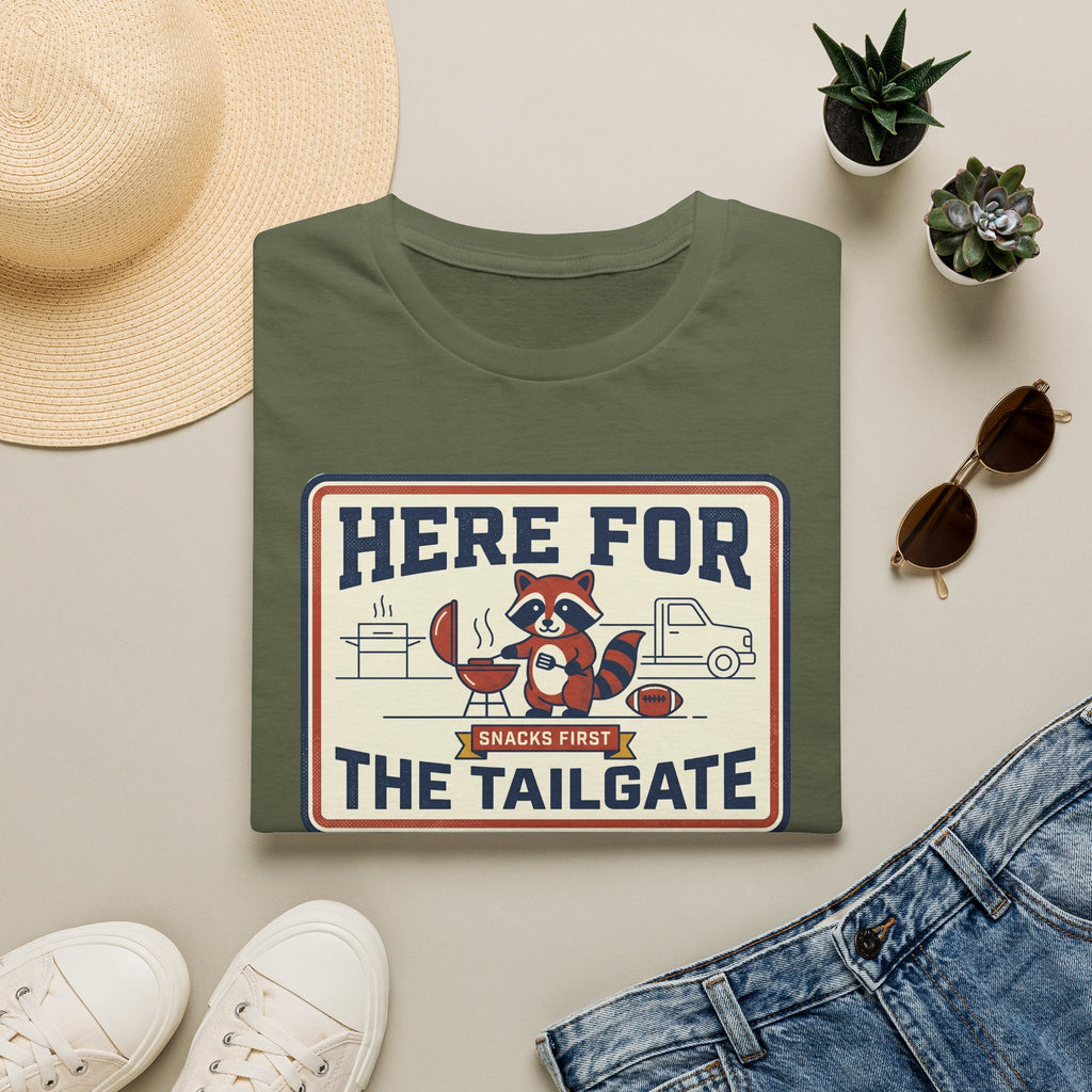 Military green crewneck T-shirt with “Here for the Tailgate” raccoon graphic