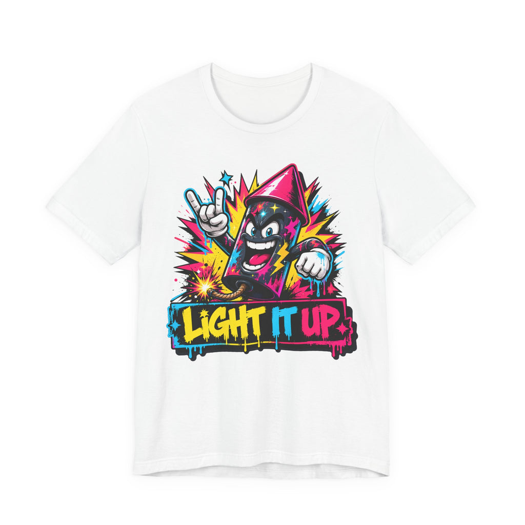 White T-shirt with colorful graffiti character “Light It Up” graphic on front.