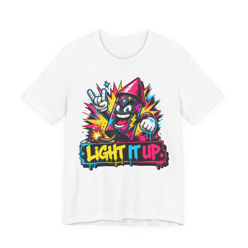 White T-shirt with colorful graffiti character “Light It Up” graphic on front.