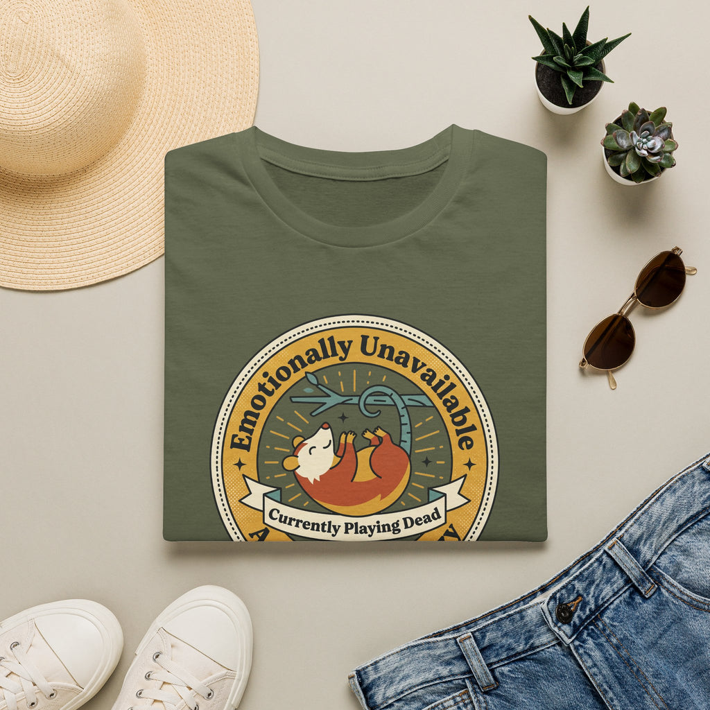 Military green sloth graphic T-shirt with round "Currently Playing Dead" logo