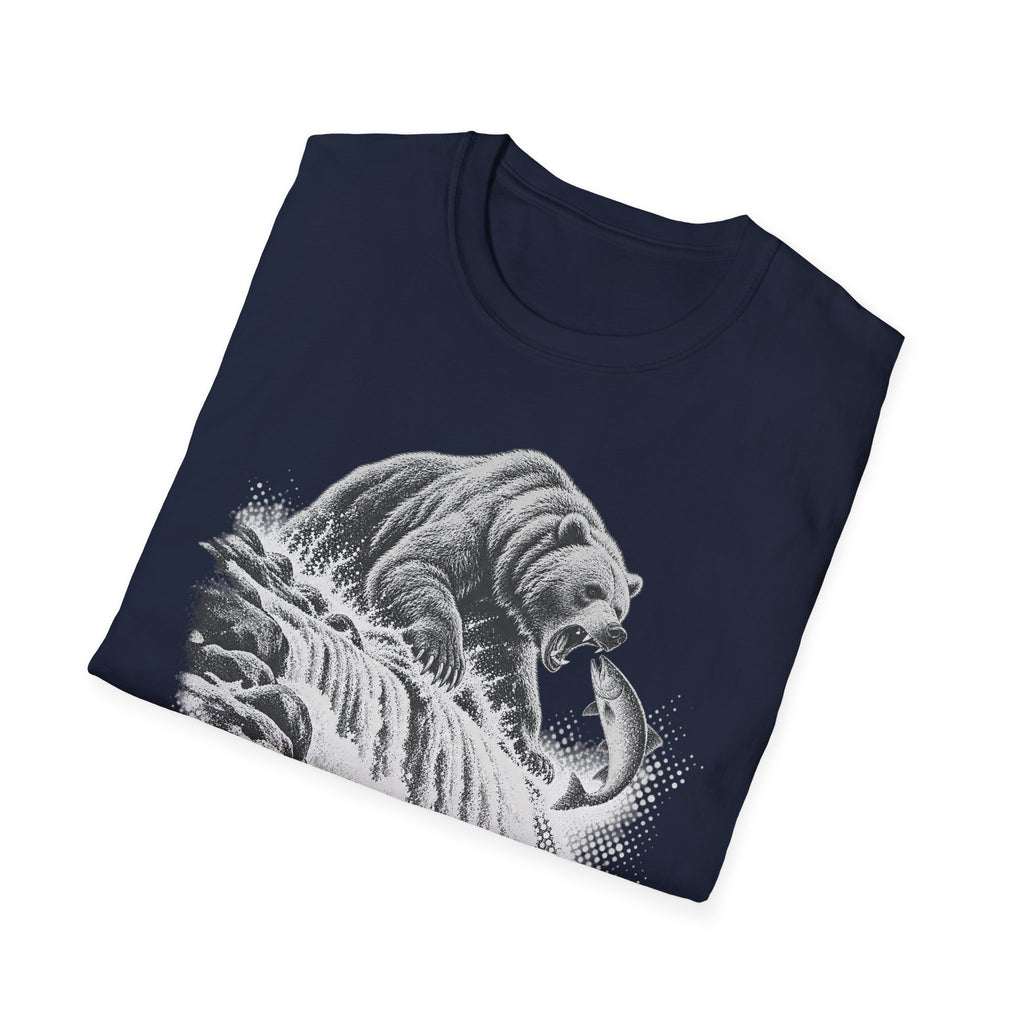 Navy crewneck T-shirt with grayscale grizzly bear roaring graphic