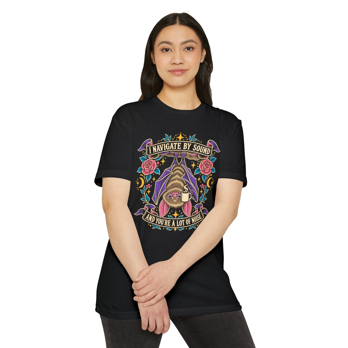 Black crew-neck T-shirt with colorful gothic sound-navigation graphic on the chest