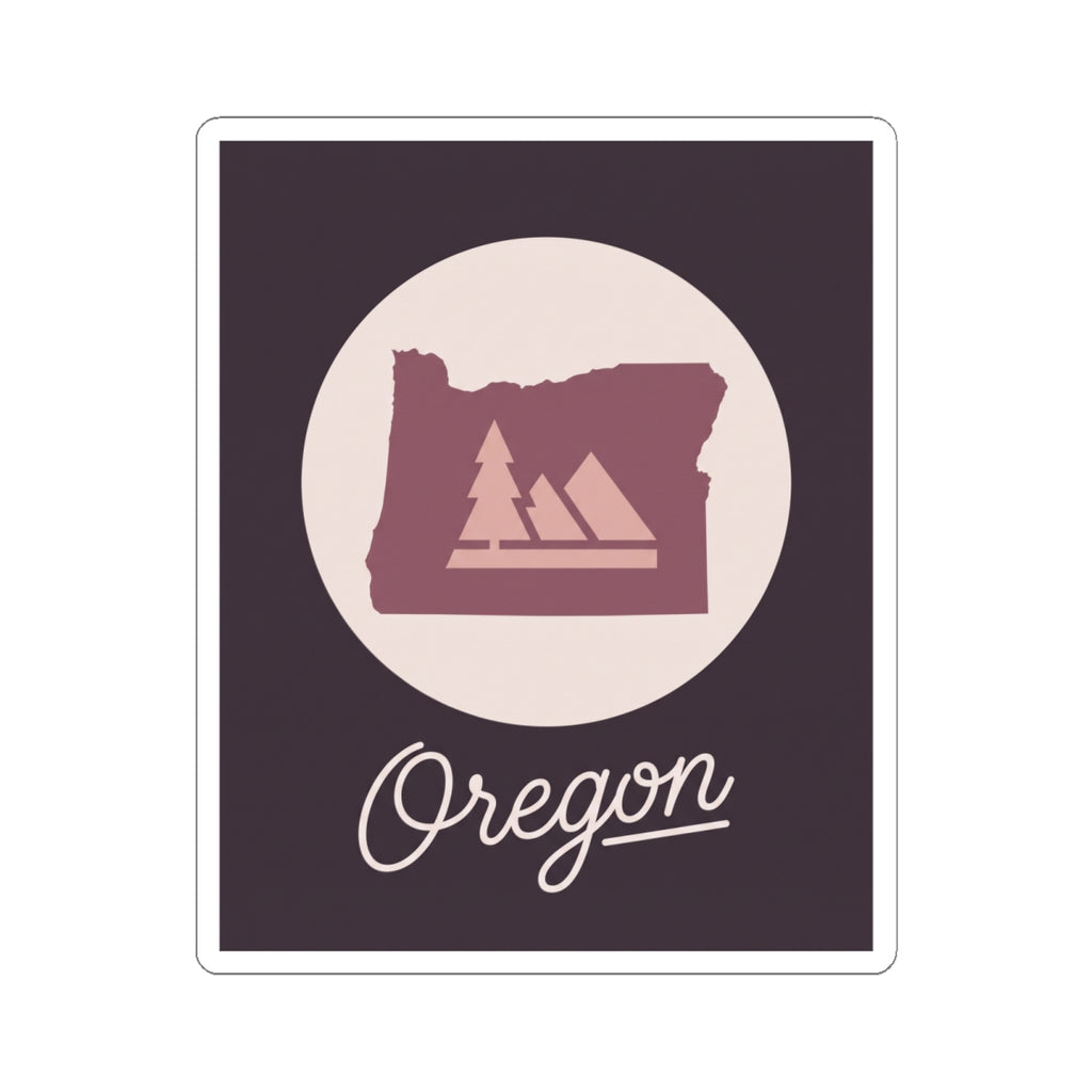 Dark purple square Oregon sticker with circular emblem and cursive “Oregon” text