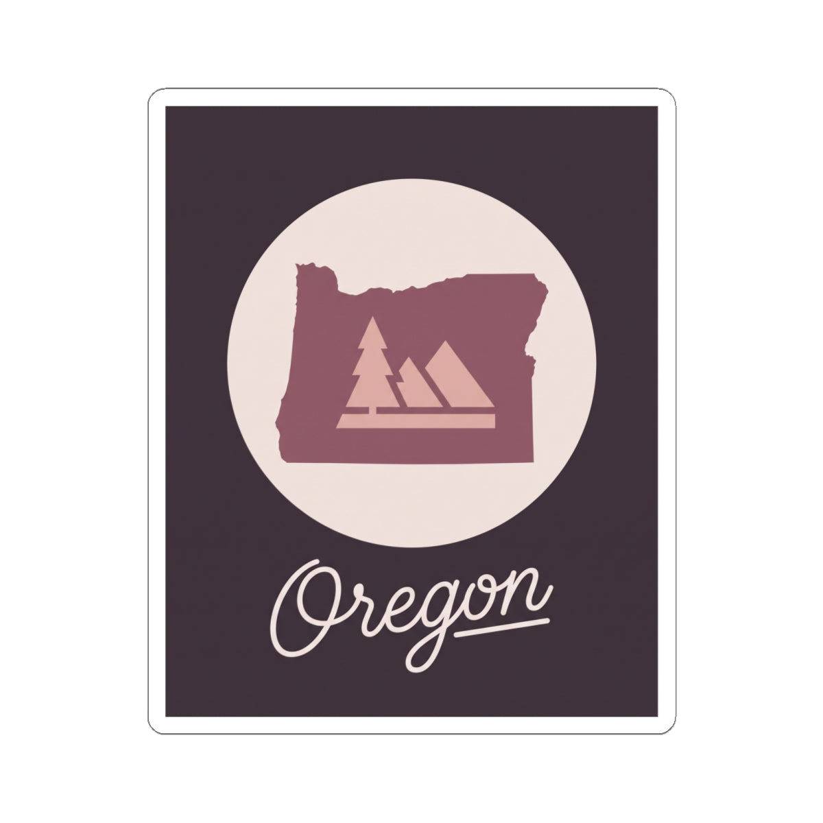 Dark purple square Oregon sticker with circular emblem and cursive “Oregon” text