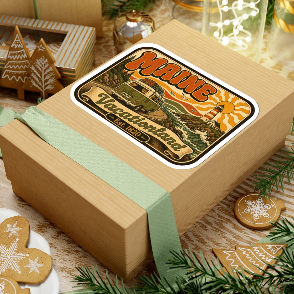 Kiss-cut retro lighthouse camper sticker on wrapped gift, warm orange scenic design