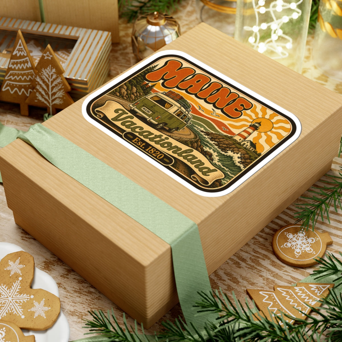 Kiss-cut retro lighthouse camper sticker on wrapped gift, warm orange scenic design