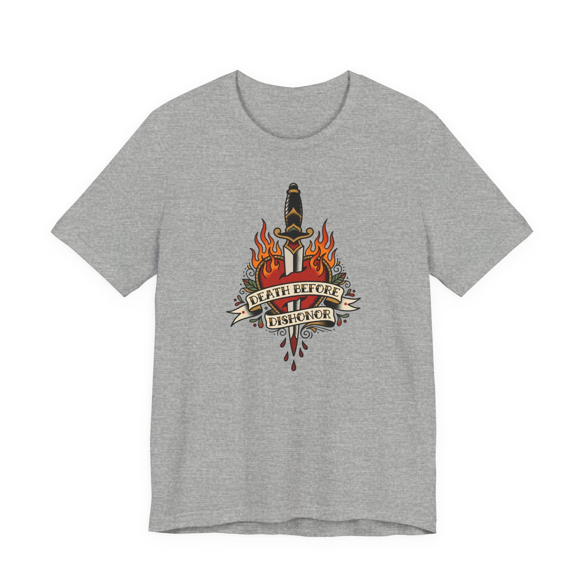 Medium grey crewneck T-shirt with flame dagger graphic on front