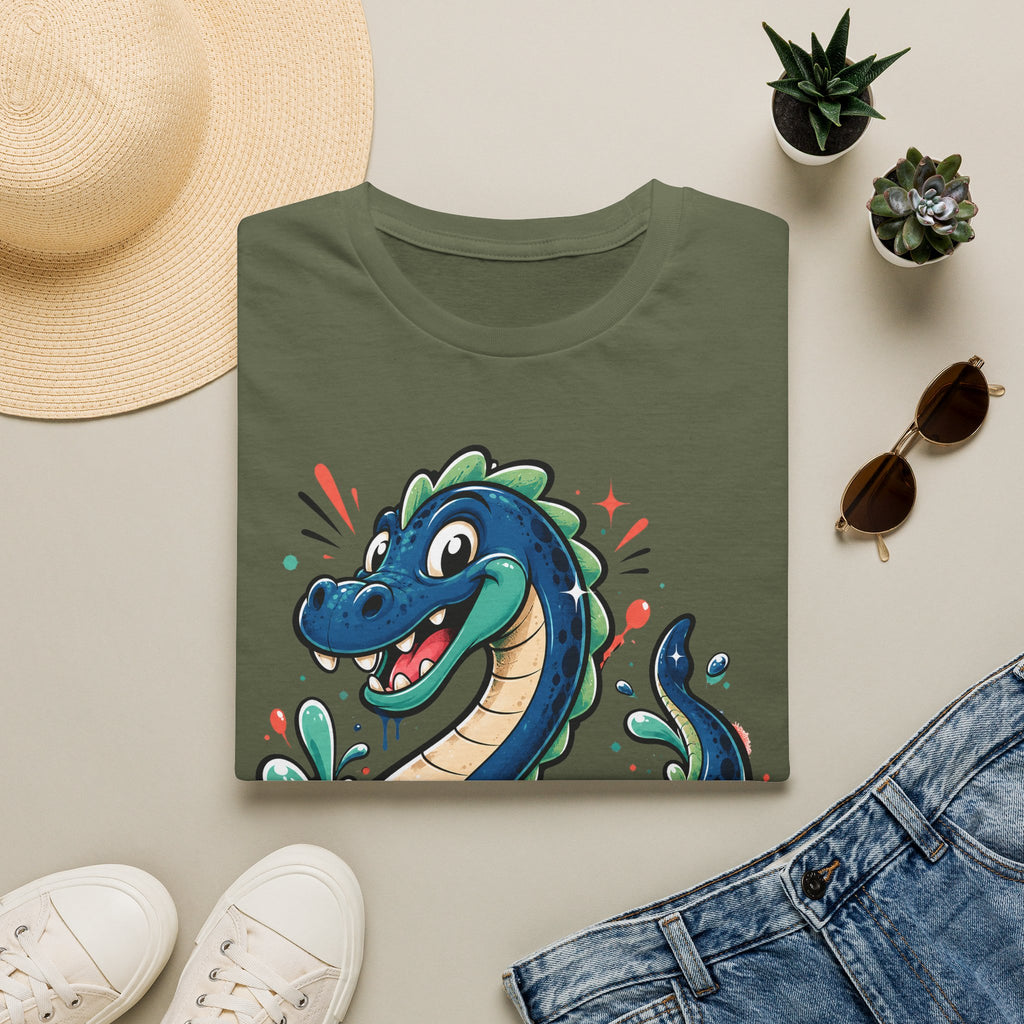 Olive green sea serpent graphic T-shirt with cartoon lake monster face on front