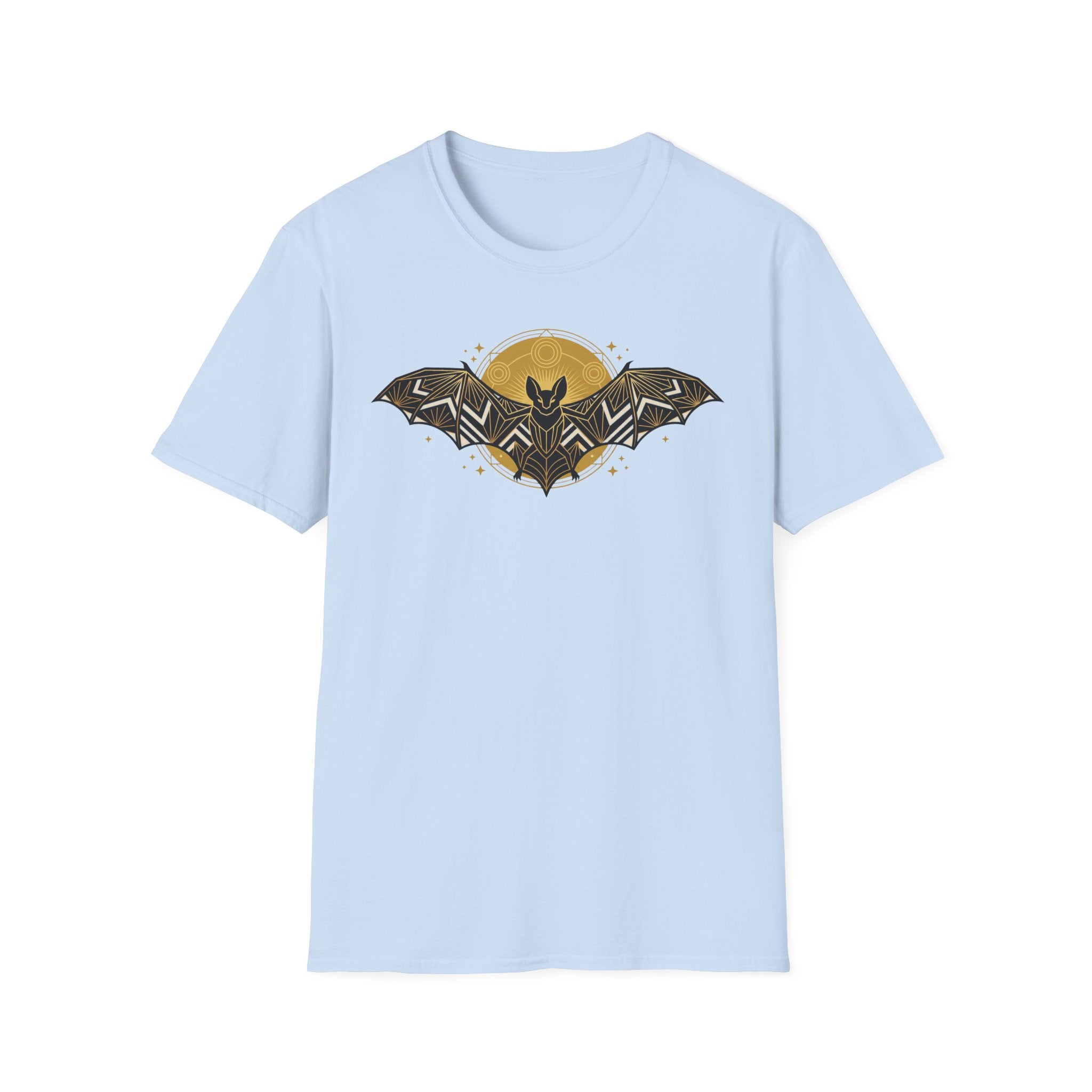 Light blue T-shirt with yellow moon and geometric bat graphic