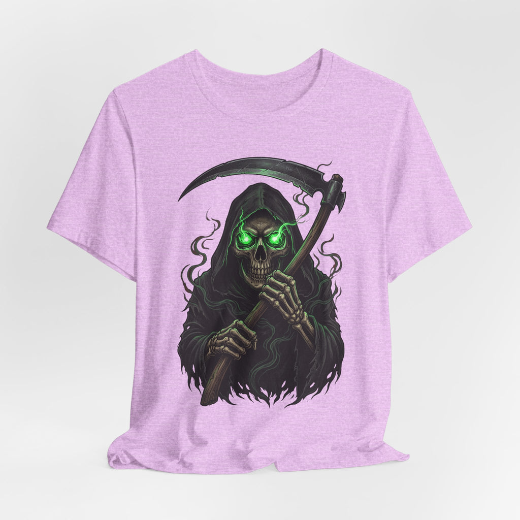 Heather Prism Lilac T-shirt front print: grim reaper skull with glowing green eyes