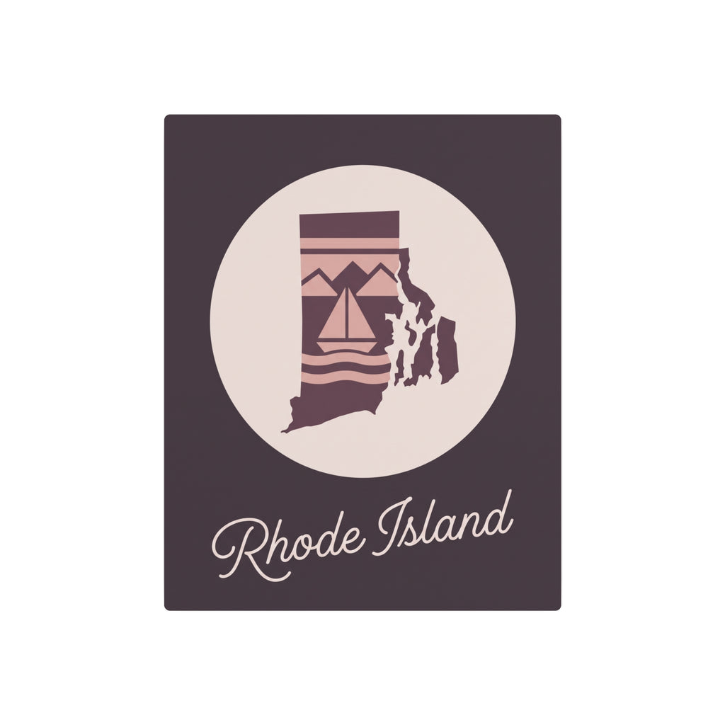 Rhode Island silhouette metal wall art sign, mauve square with beige circle and script “Rhode Island”