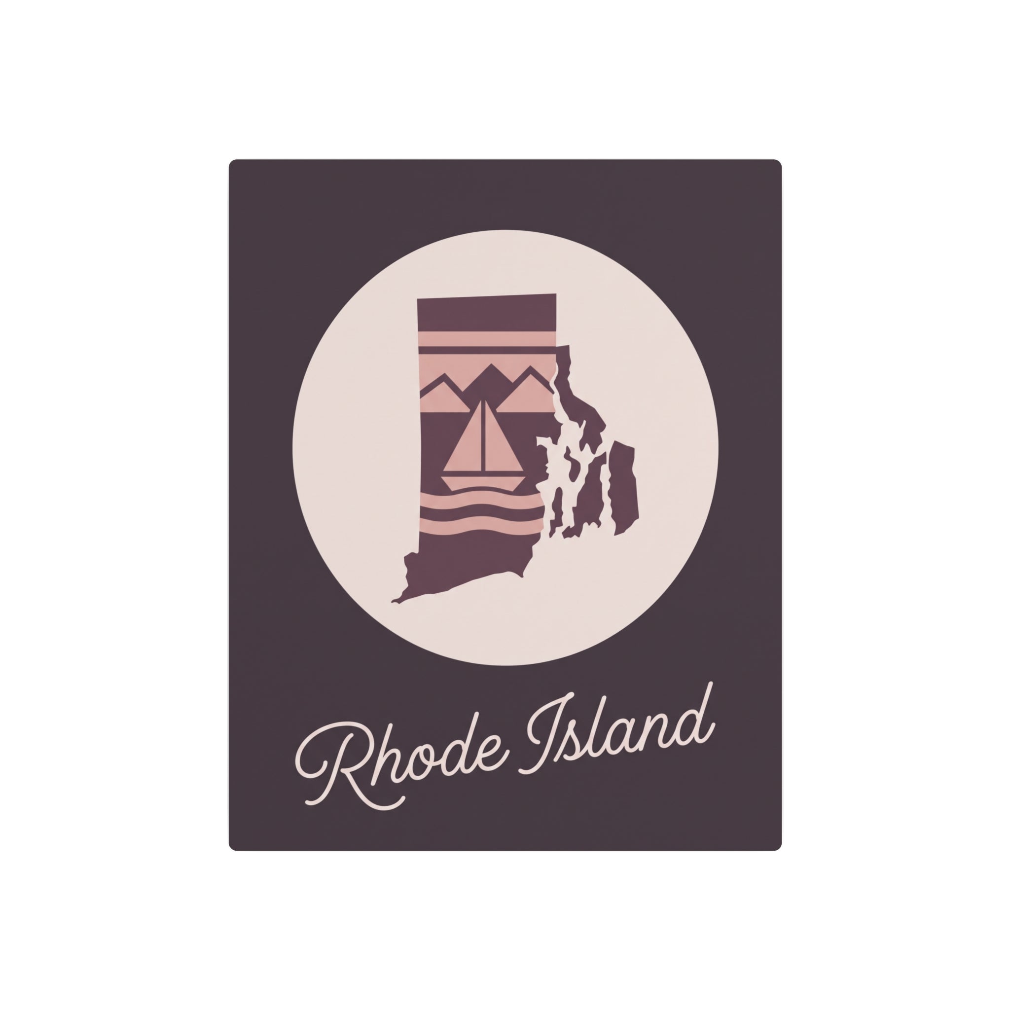 Rhode Island silhouette metal wall art sign, mauve square with beige circle and script “Rhode Island”