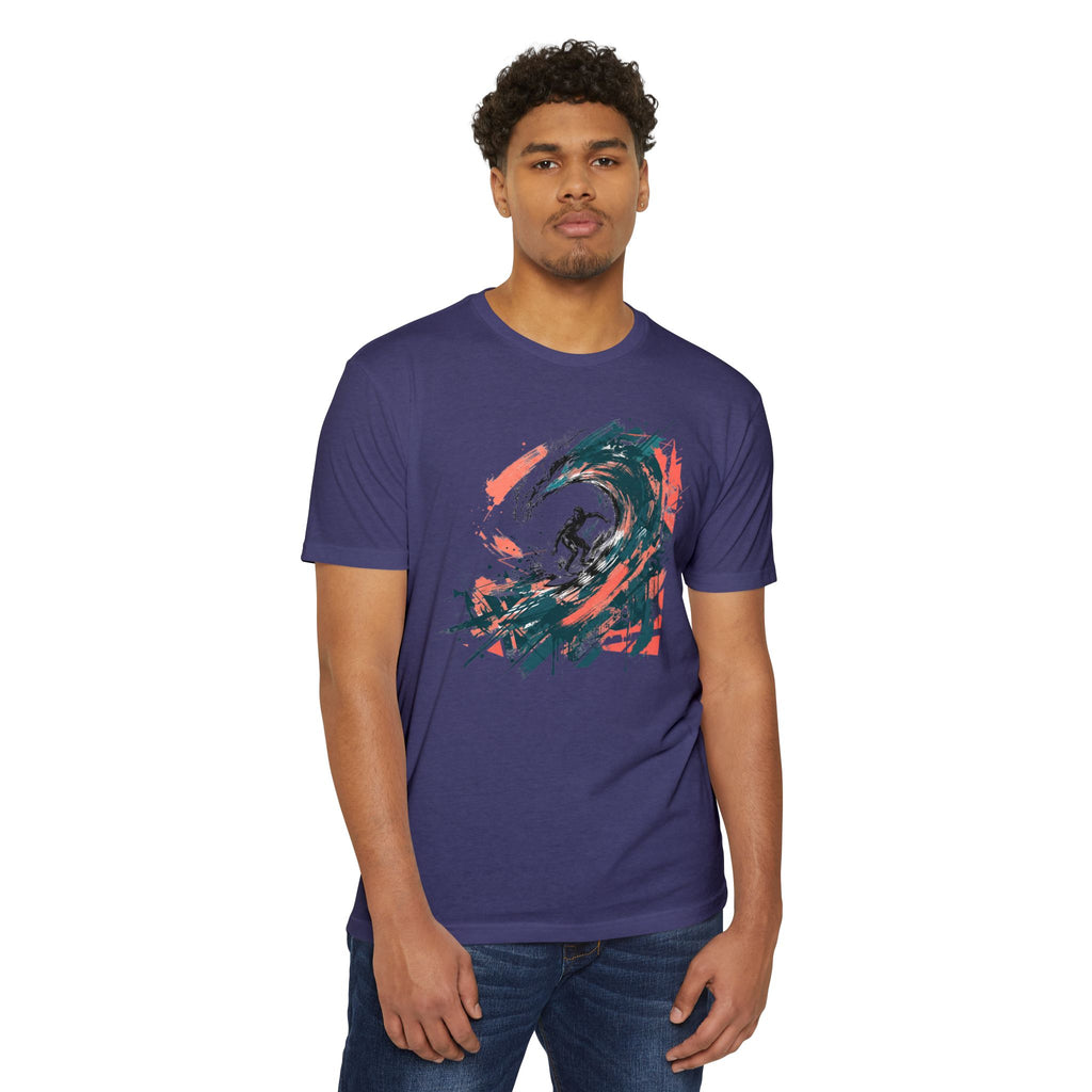 Unisex purple T-shirt with abstract wave paintbrush graphic on chest