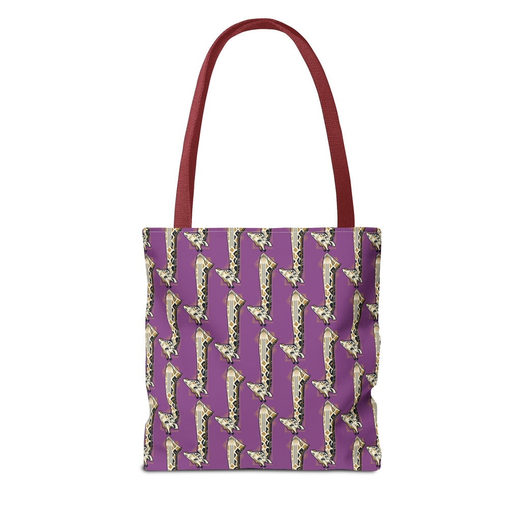 Purple tote bag with saxophone pattern, red top handles.