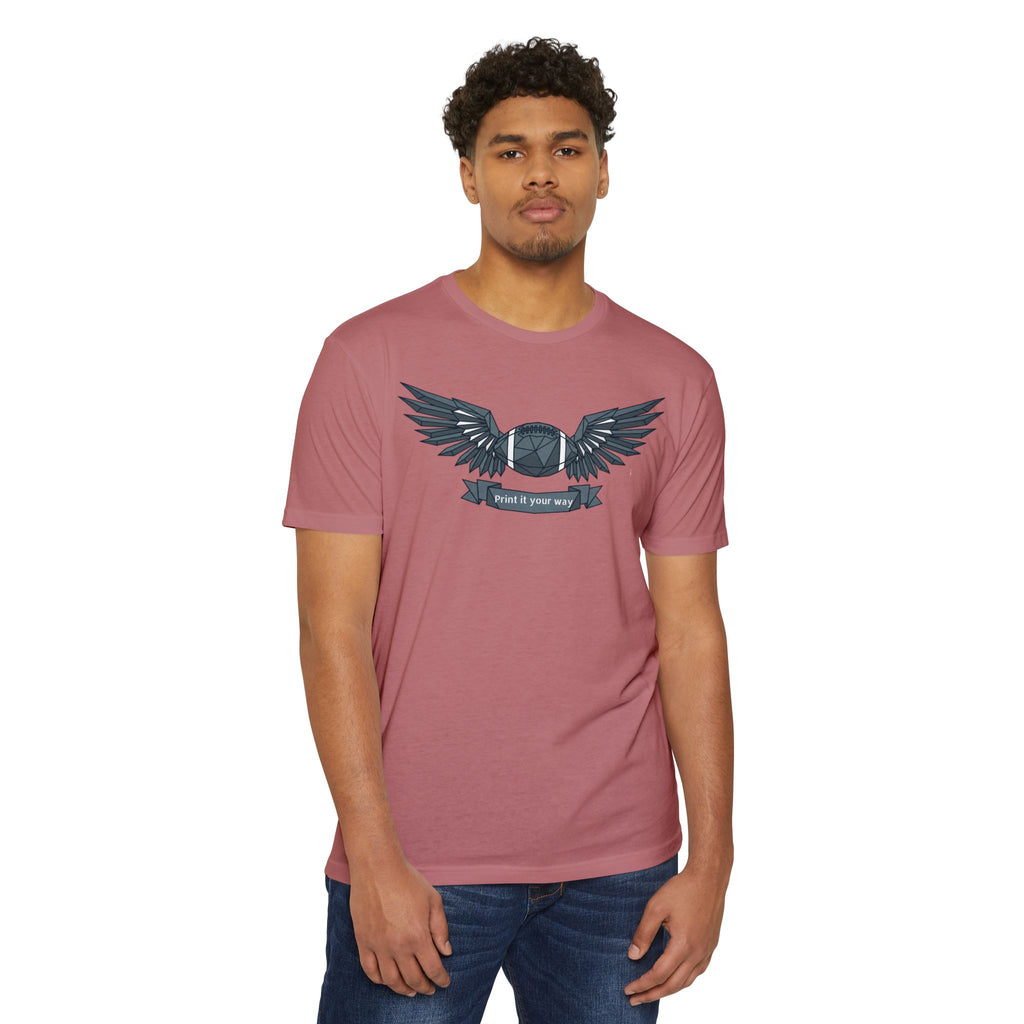 Dusty rose short-sleeve T-shirt with blue winged camera emblem on chest