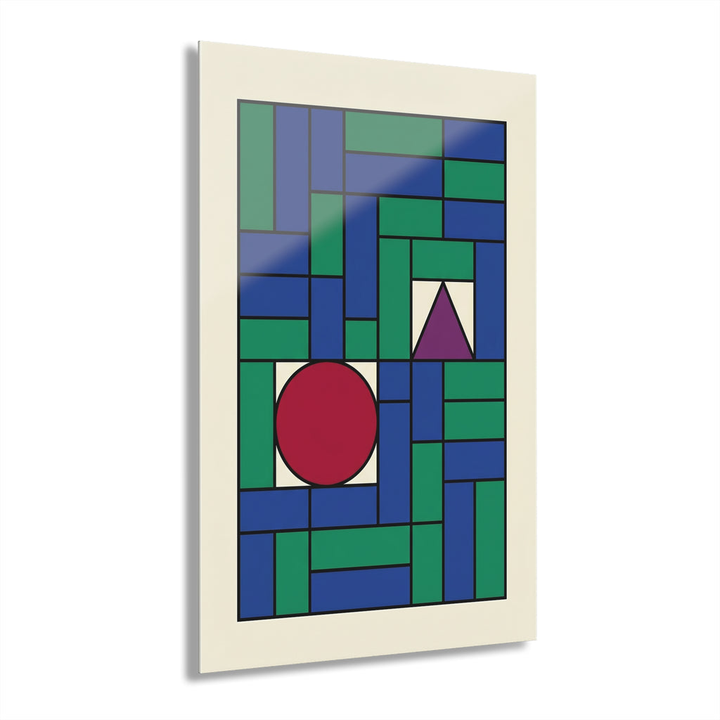 Framed geometric print with blue and green grid shapes, red circle center, and purple triangle