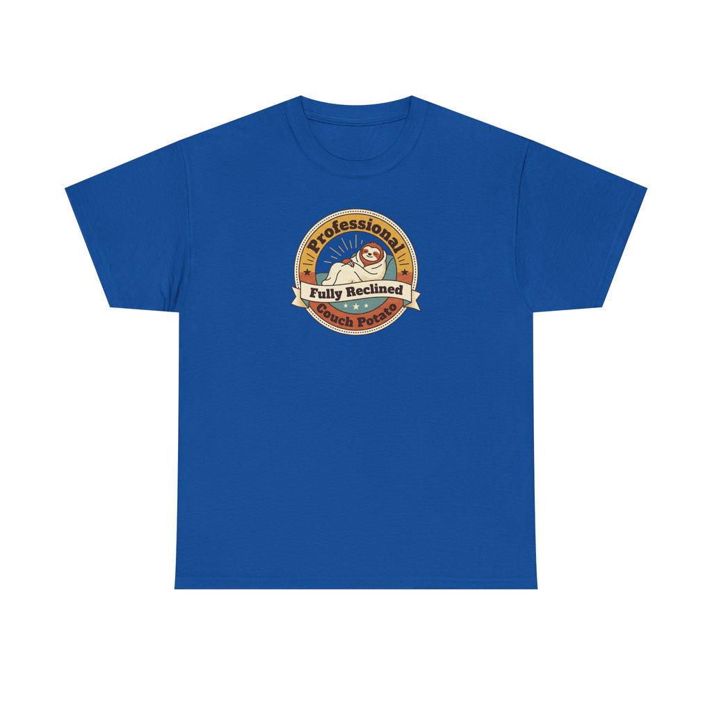 Royal blue T-shirt with circular sloth logo graphic on chest.