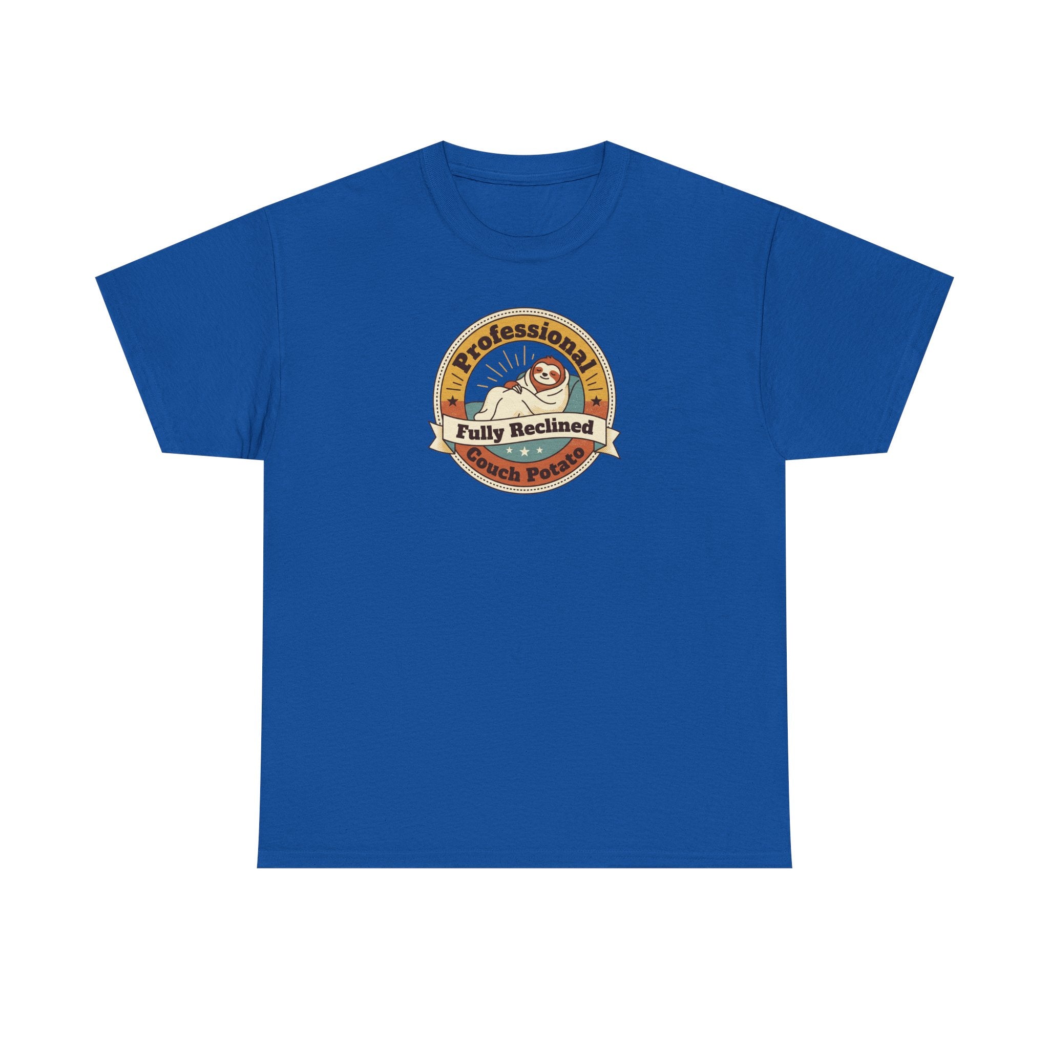 Royal blue T-shirt with circular sloth logo graphic on chest.