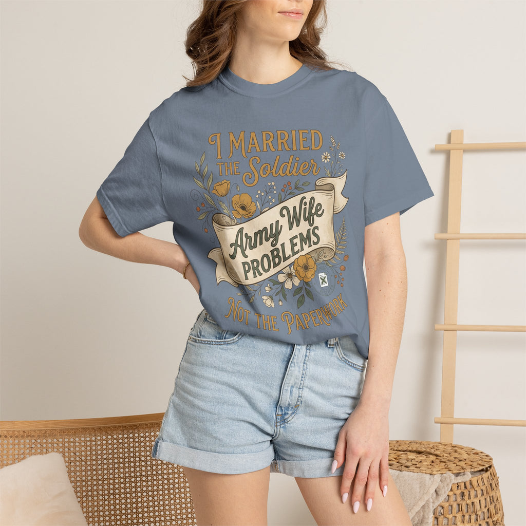 Slate blue crewneck T-shirt worn by woman, 'Army Wife Problems' print
