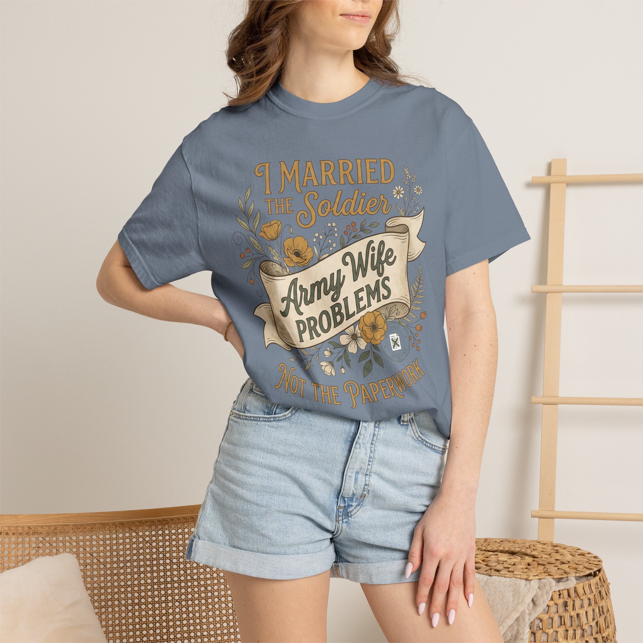 Slate blue crewneck T-shirt worn by woman, 'Army Wife Problems' print