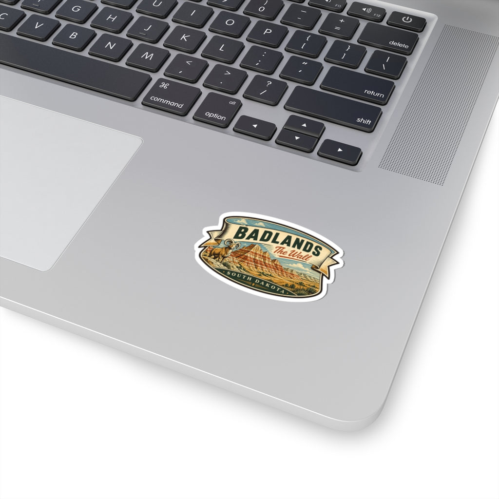 Badlands wall sticker with colorful South Dakota ram landscape logo, white border