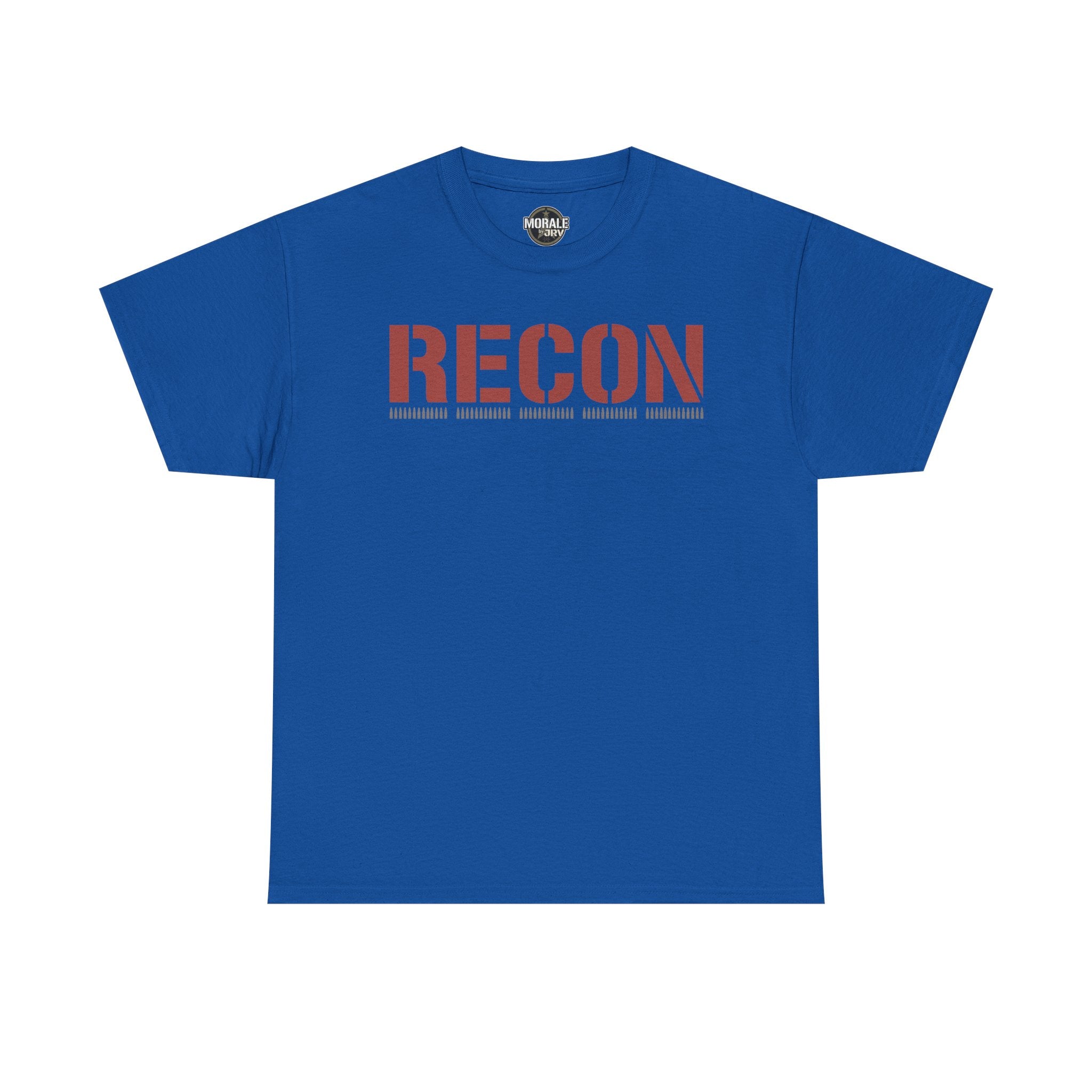 Royal blue unisex graphic T-shirt with large 'RECON' stencil logo on chest