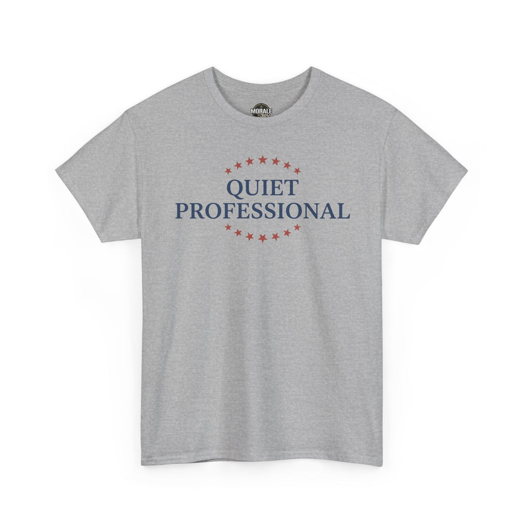 Sport grey crew-neck T-shirt with red star-circle and blue “QUIET PROFESSIONAL” print