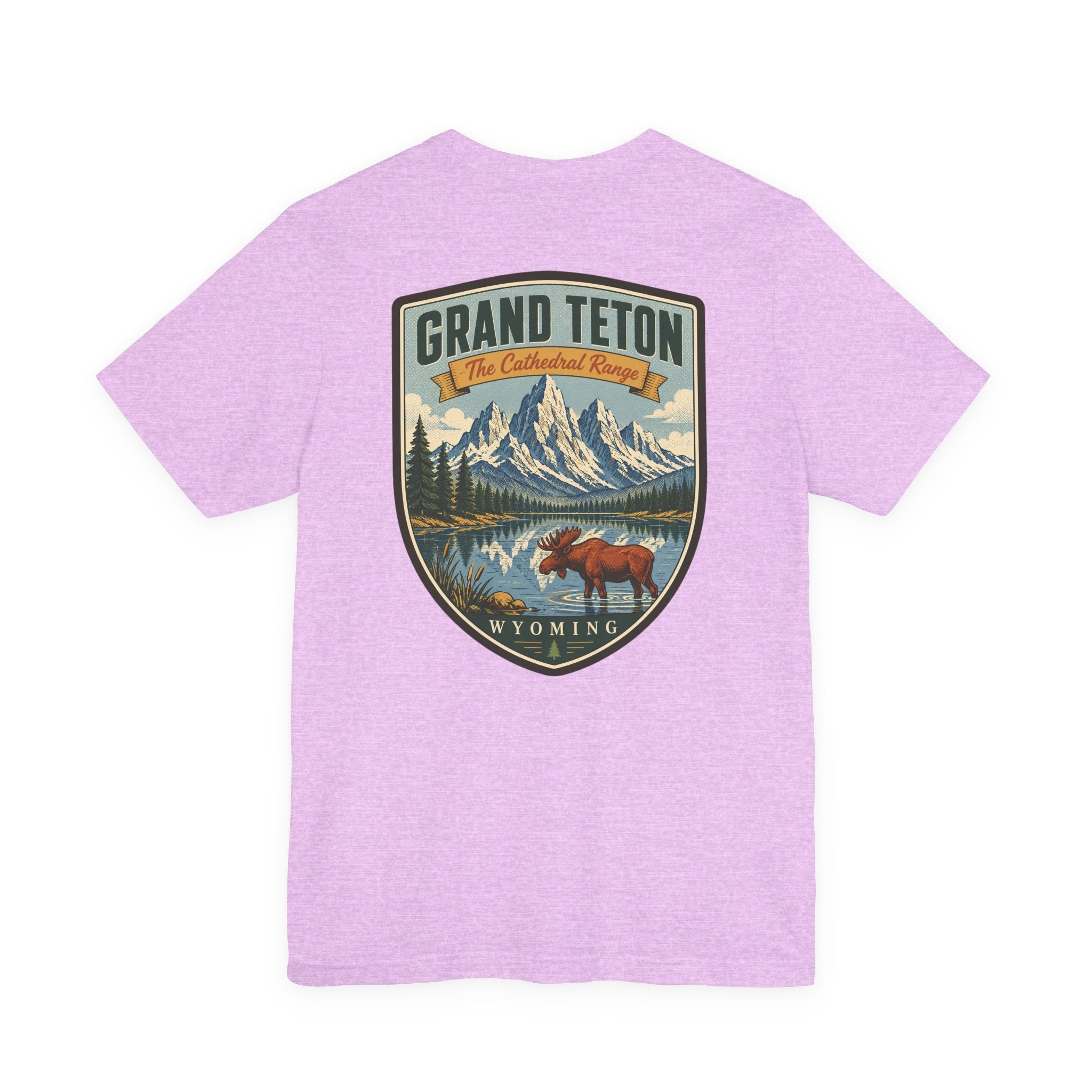 Heather lavender Grand Teton Wyoming back graphic with mountains, lake, and wildlife shield
