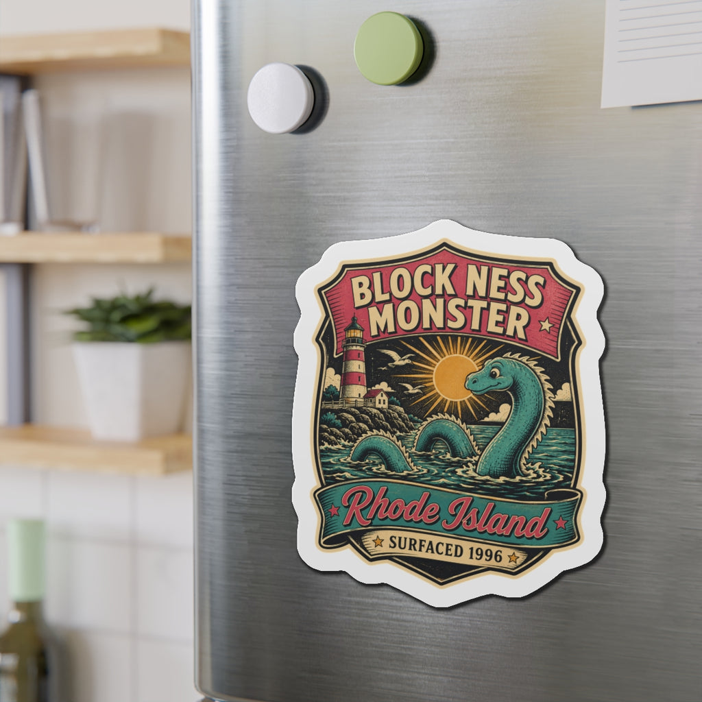 Die-cut magnet sticker with teal sea monster and Rhode Island badge, on scalloped border