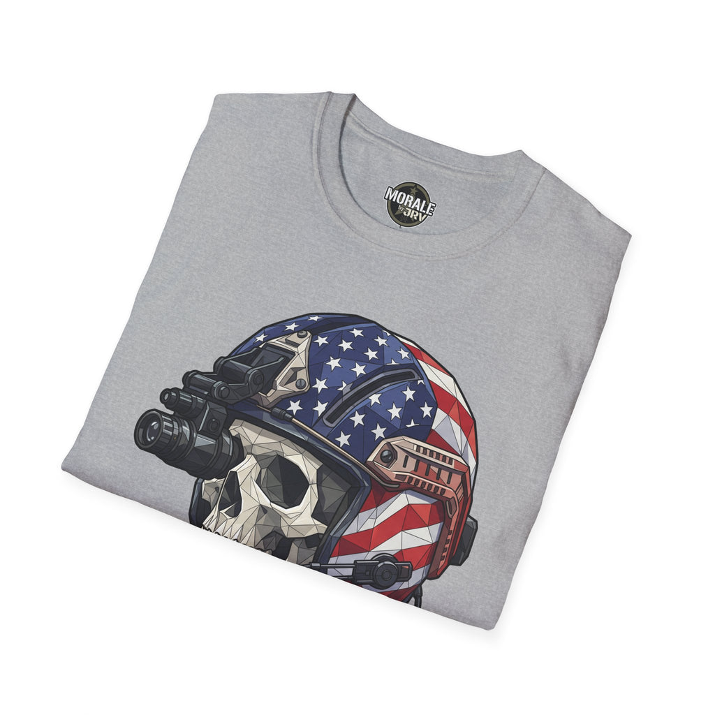 Skull tactical helmet T-shirt in gray with American flag helmet and camera graphic