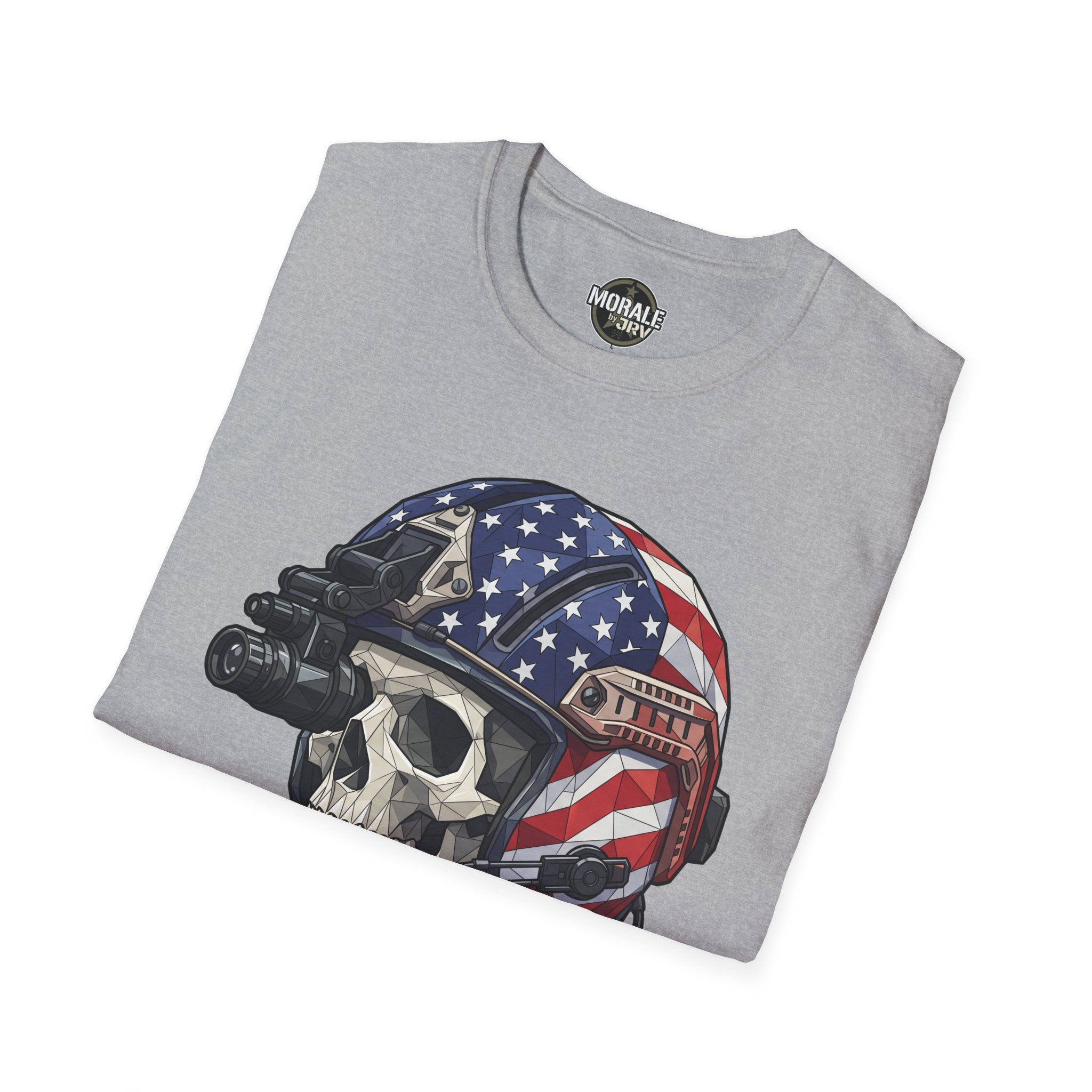 Skull tactical helmet T-shirt in gray with American flag helmet and camera graphic