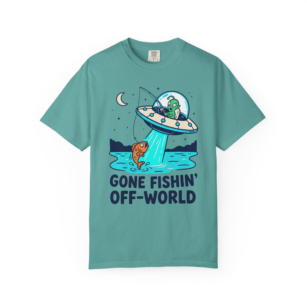 Teal alien fishing T-shirt with UFO and "Gone Fishin' Off-World" text