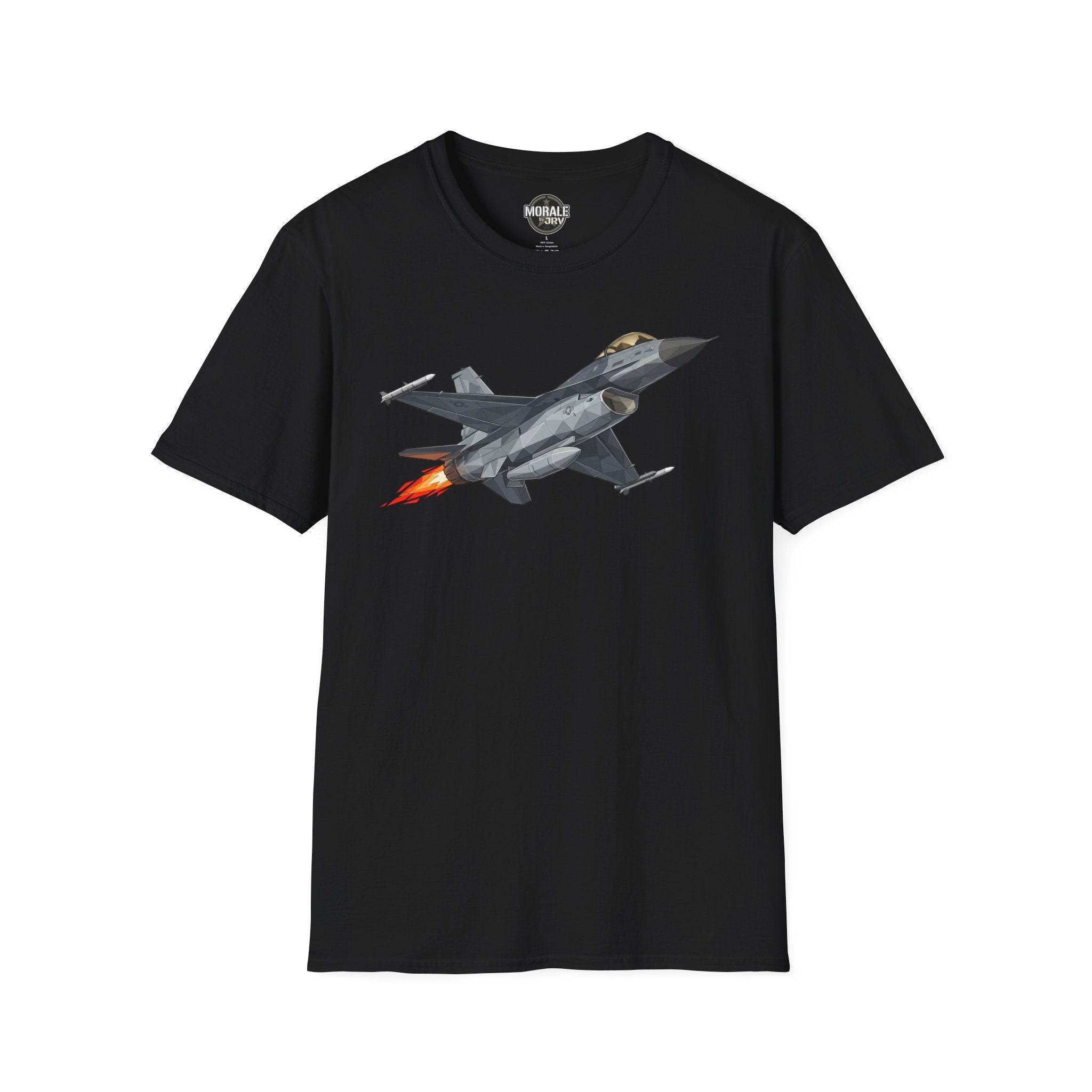 F-16 T-shirt, black fabric with F-16 jet graphic and orange flame detail