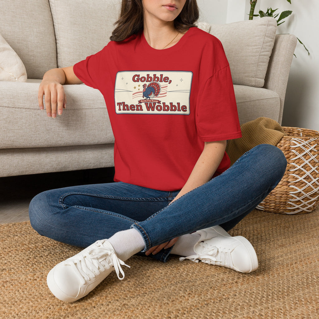Red short-sleeve T-shirt with 'Gobble Then Wobble' turkey graphic