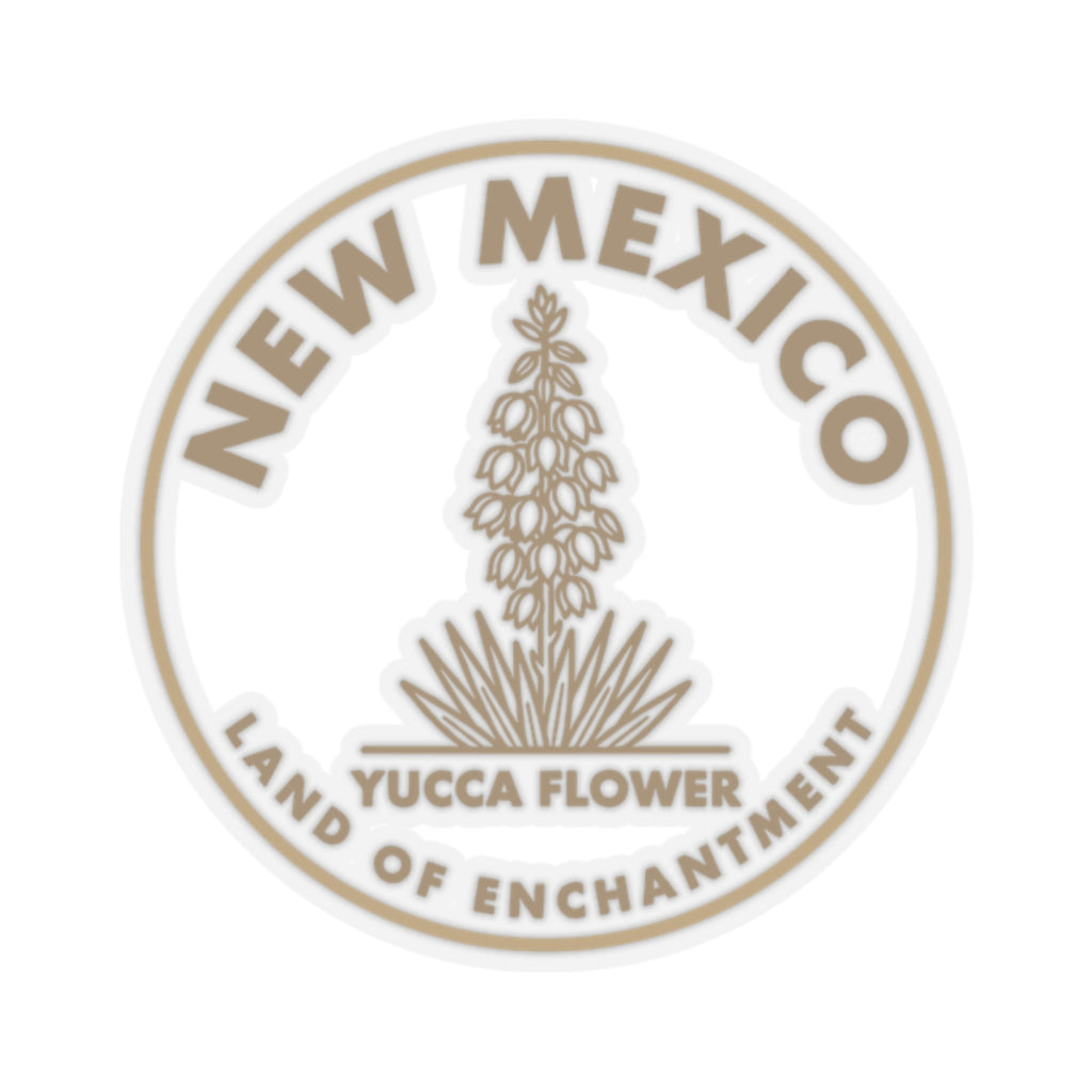 Round yucca flower state sticker with New Mexico text and transparent vinyl look