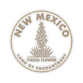 Round yucca flower state sticker with New Mexico text and transparent vinyl look