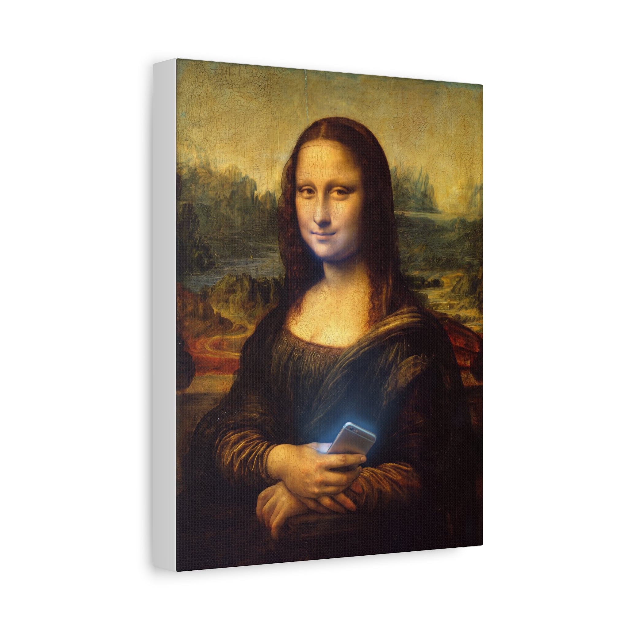 Matte canvas wall art with side depth showing Mona Lisa holding a glowing smartphone