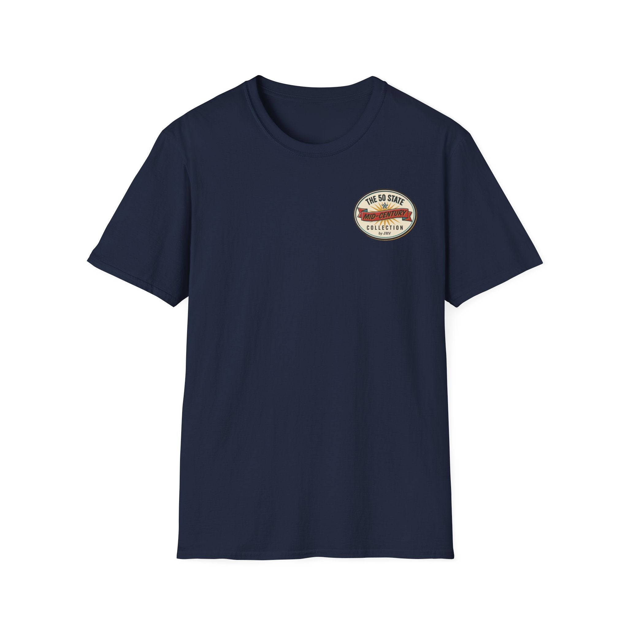 Navy California travel badge T-shirt with circular chest logo, short sleeves