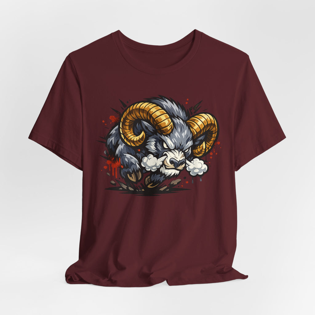 Maroon short-sleeve t-shirt with charging ram head illustration, gold horns and cloud puffs