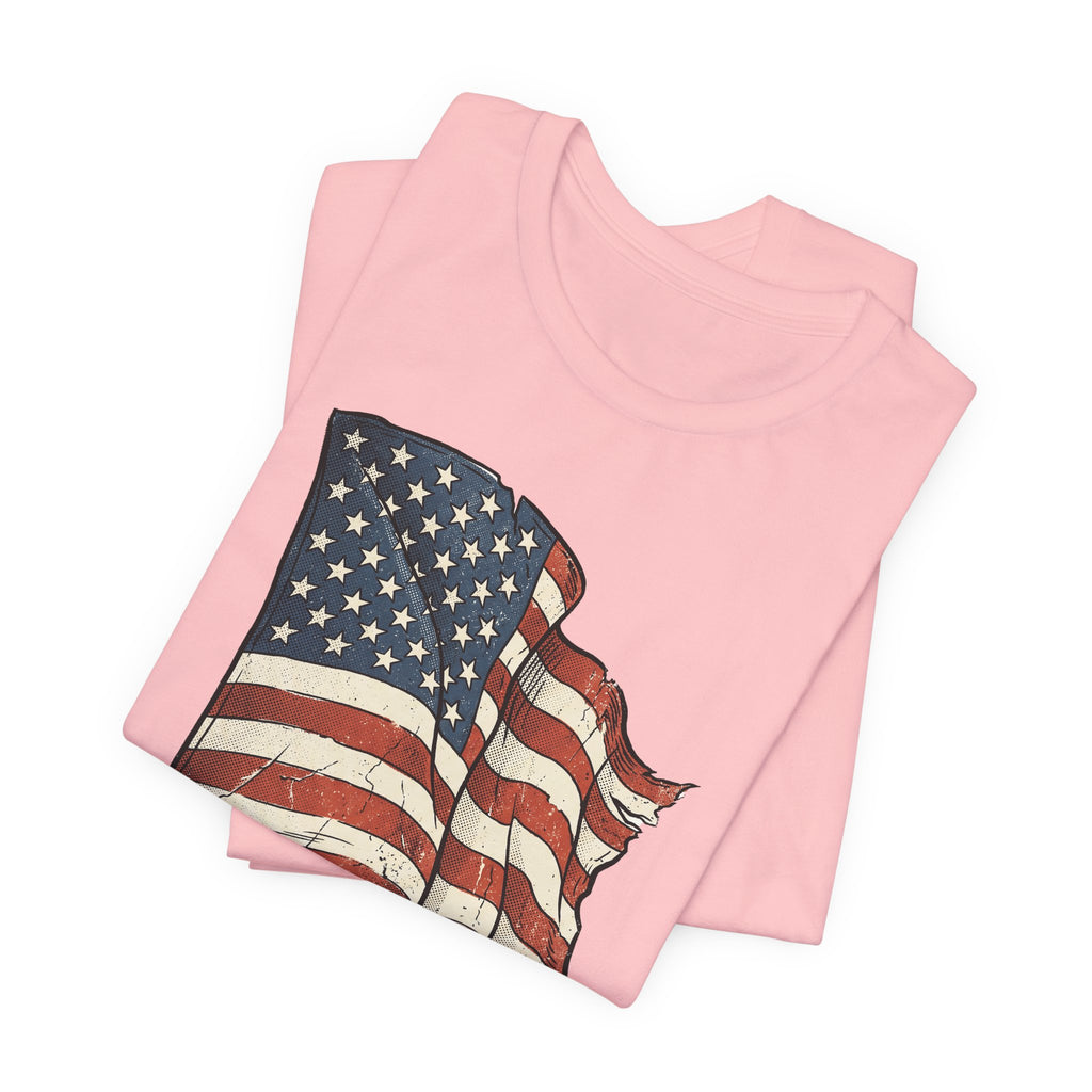 Pink graphic T-shirt with waving American flag stars and stripes