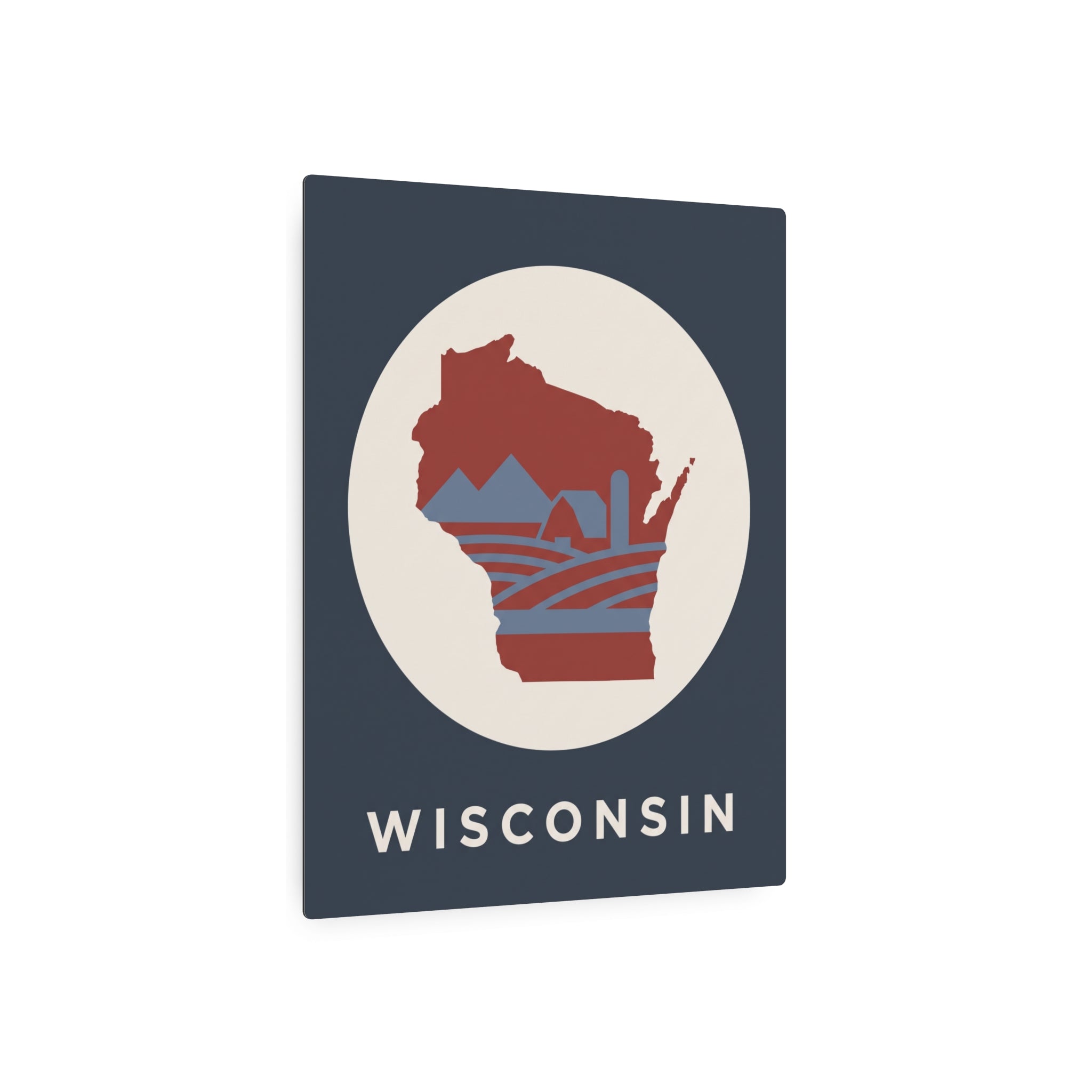 Wisconsin metal art sign with navy square, cream circle, red state silhouette and WISCONSIN