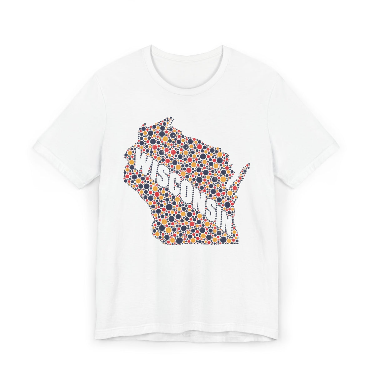 White Wisconsin map graphic t-shirt with colorful floral dot design