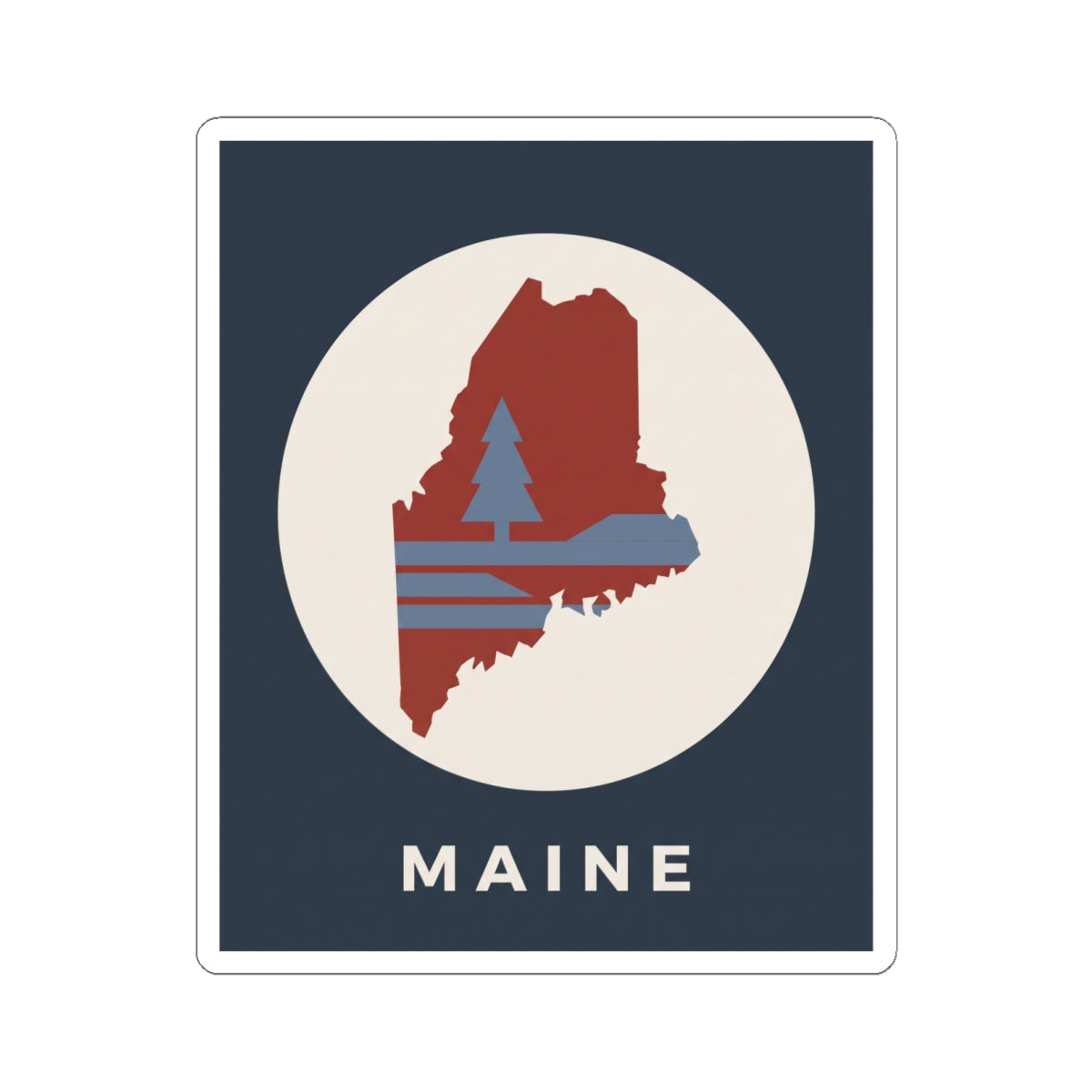 Maine coastal design sticker: red Maine shape in cream circle on navy background