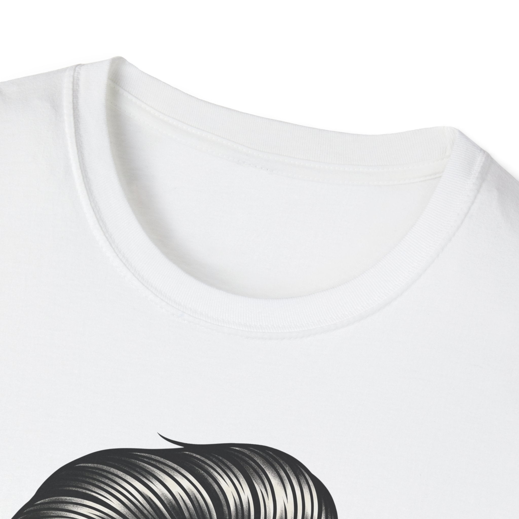 Rockabilly Rebel skeleton T-shirt, white; close-up of crew neck and top of skull graphic