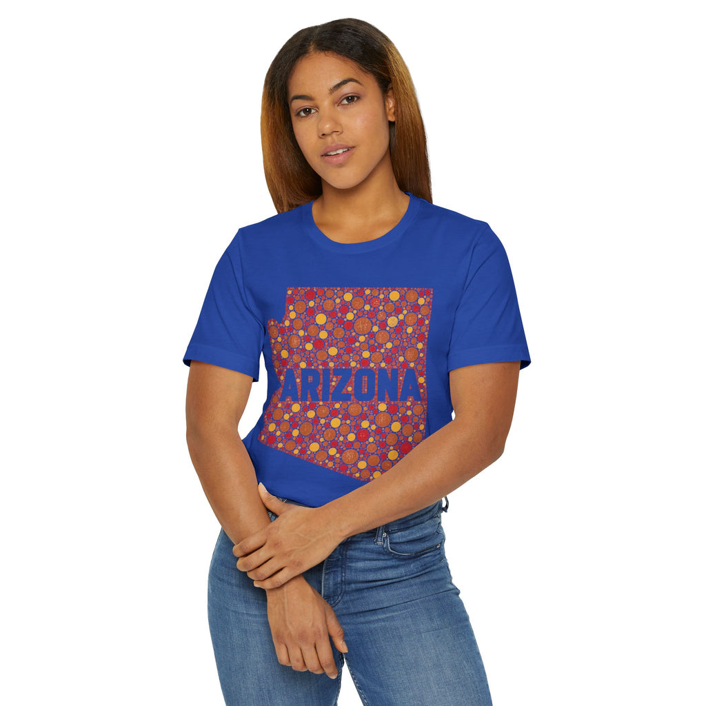 Royal blue crewneck T-shirt with red patterned Arizona graphic centered on front