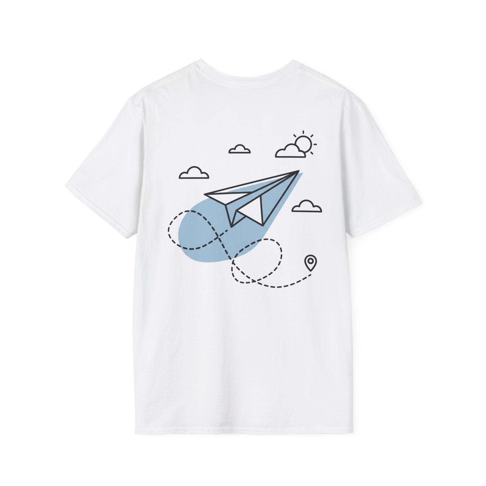 White T-shirt with blue paper airplane line art and cloud icons