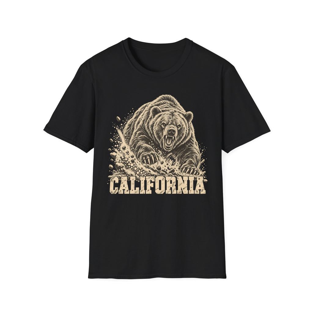 Black bear graphic t-shirt with vintage California wordmark and roaring bear print
