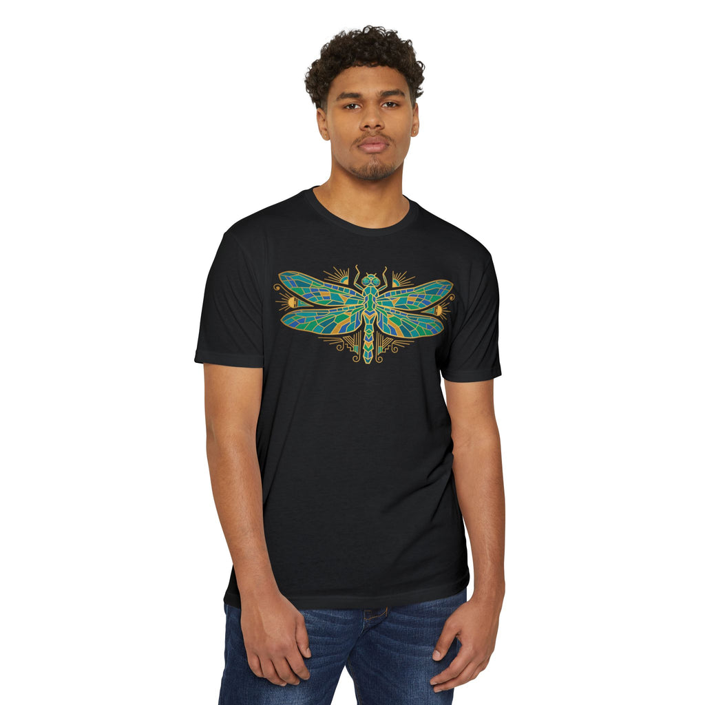 Black unisex T-shirt with dragonfly mosaic illustration graphic across the chest.